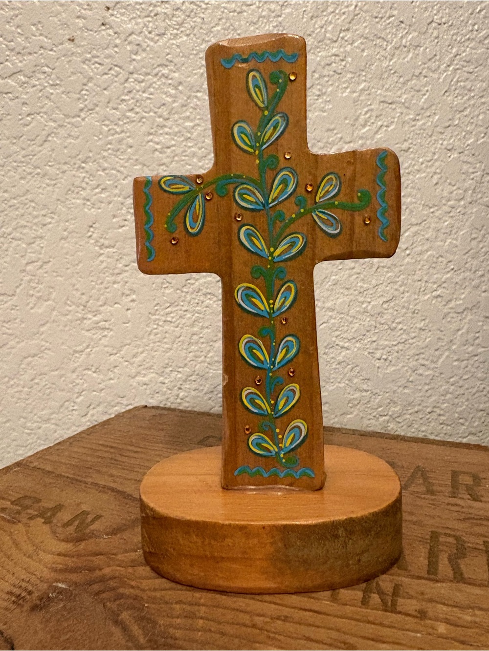 Source Unknown Wooden Decorative Cross with Blue and Green Floral Accents